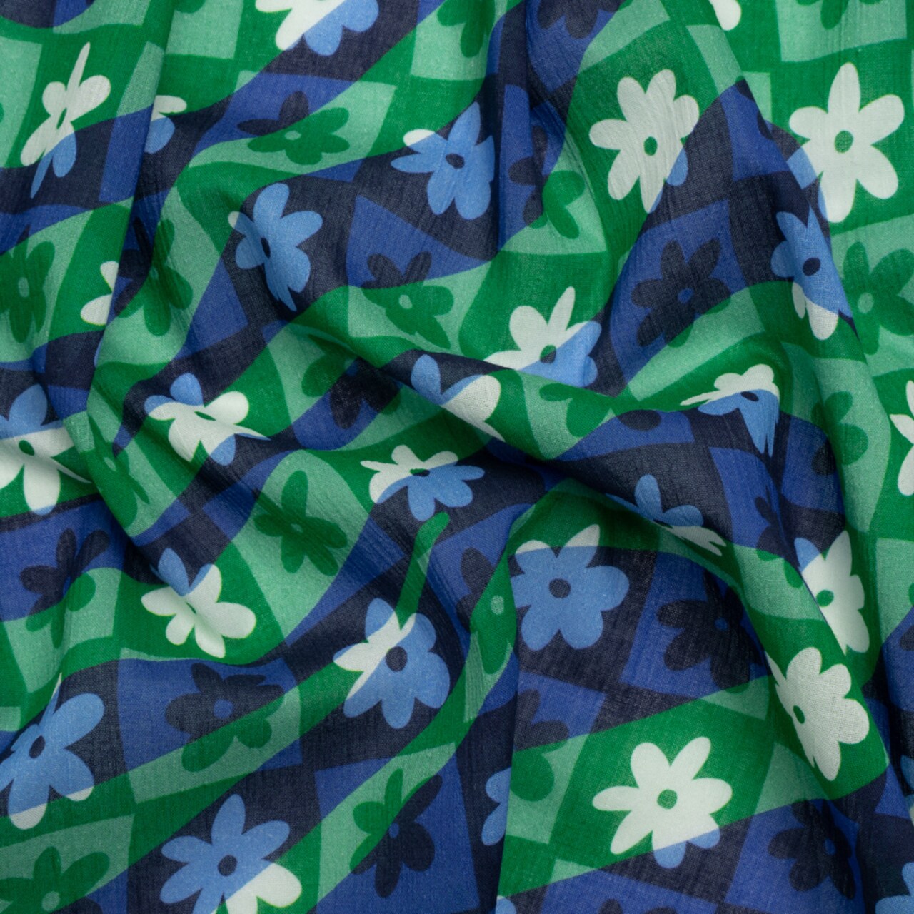 1 Yard Green and Blue Crinkled Cotton Gauzy Woven Floral Check Print Fabric